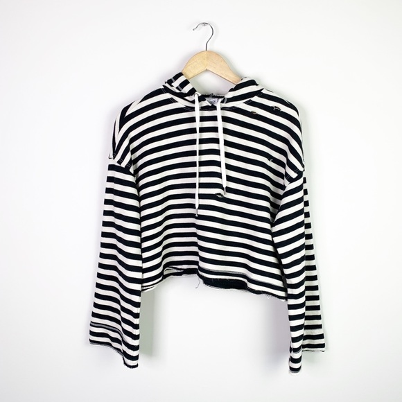 splendid striped crop distressed hoodie sweatshirt - Picture 4 of 8